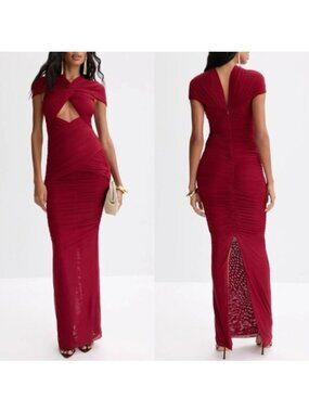 Ronny Kobo Nasha Burgundy Red Twist Front Gathered Cut Out Mesh Dress Size S